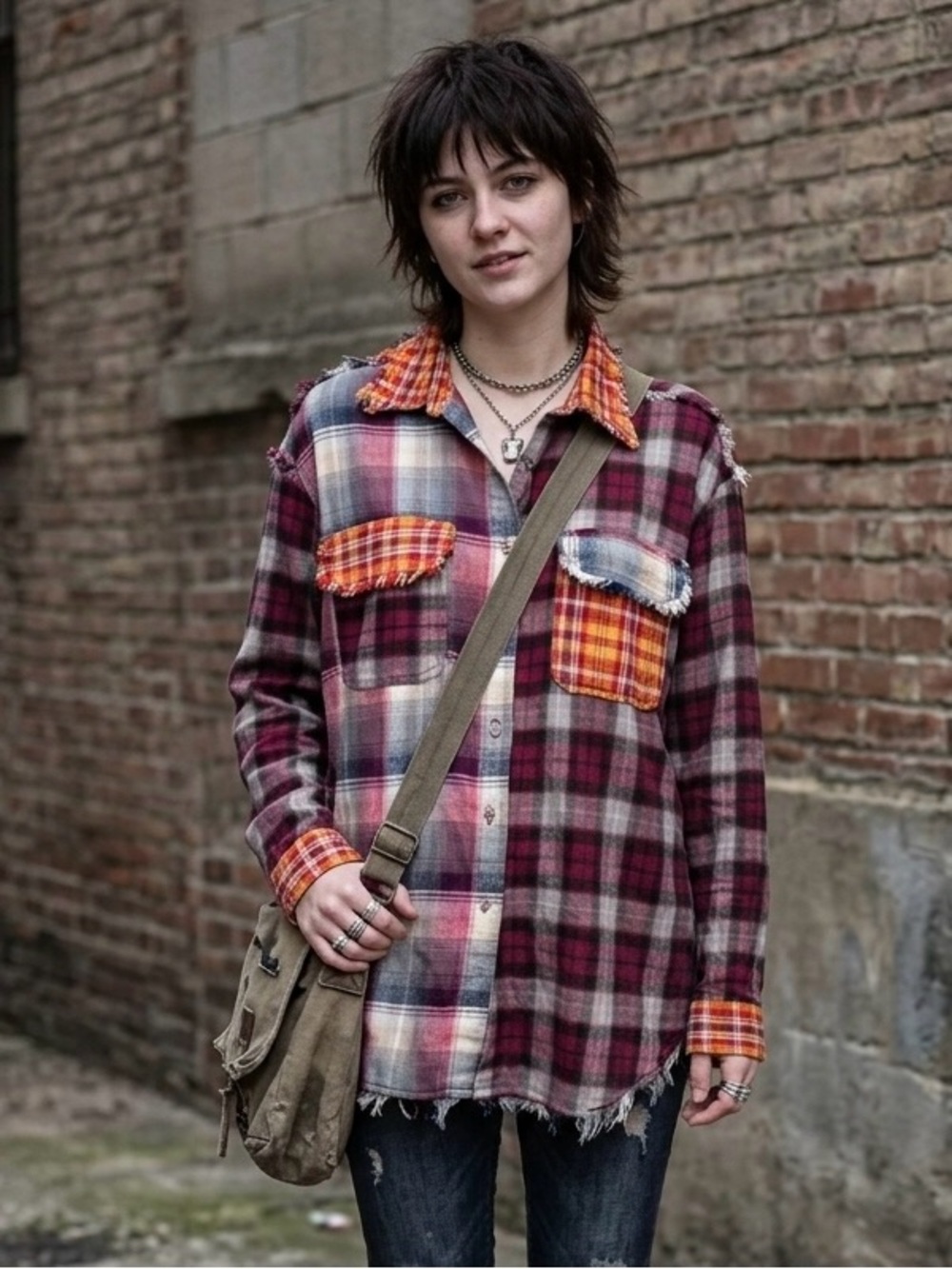 Vintage Bonjour 90s Grunge Punk Distressed Button-Down Flannel Mixed Plaid L